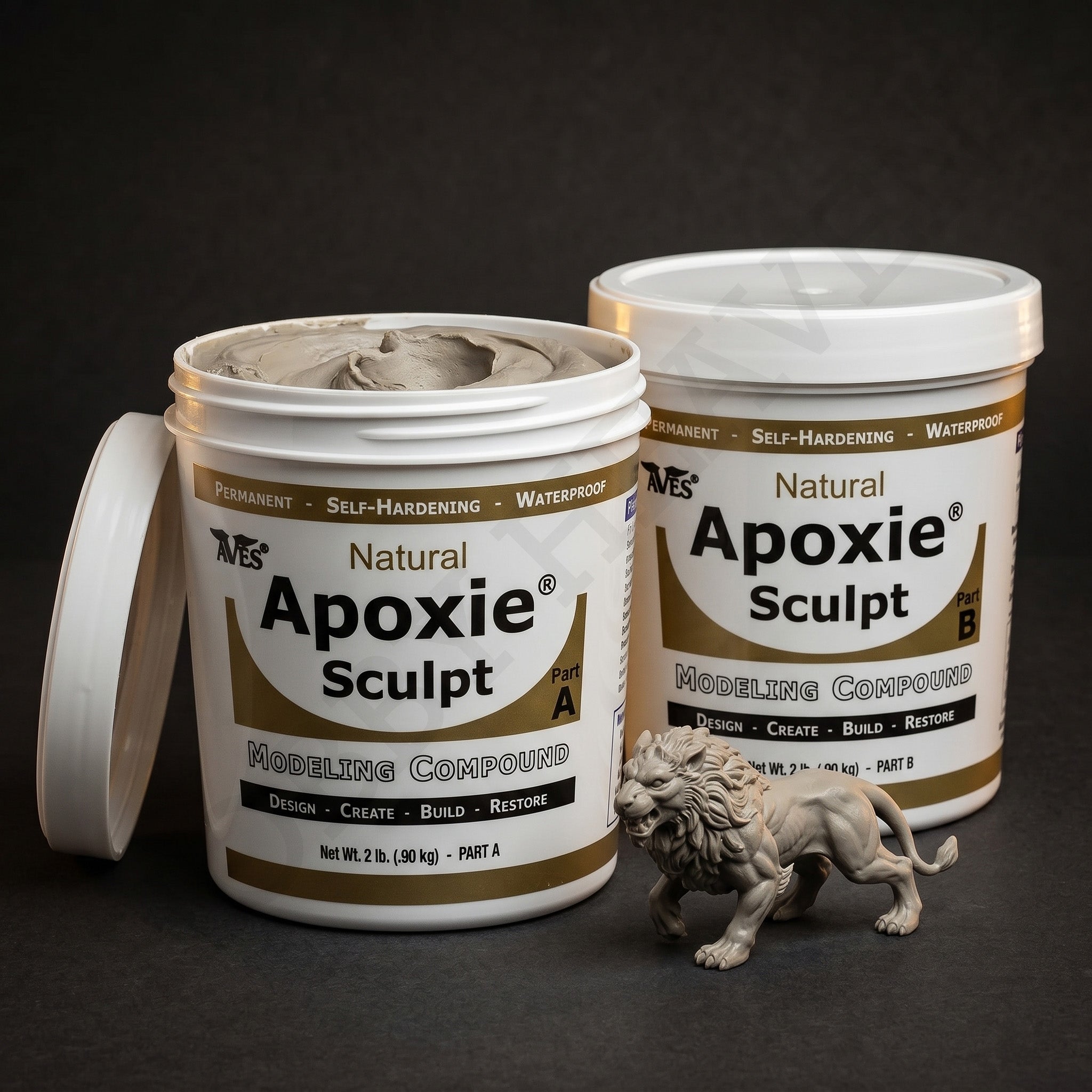 Aves Studio Apoxie Sculpt Natural 4 lb with Part A and Part B tubs beside a natural sculpted lion figure