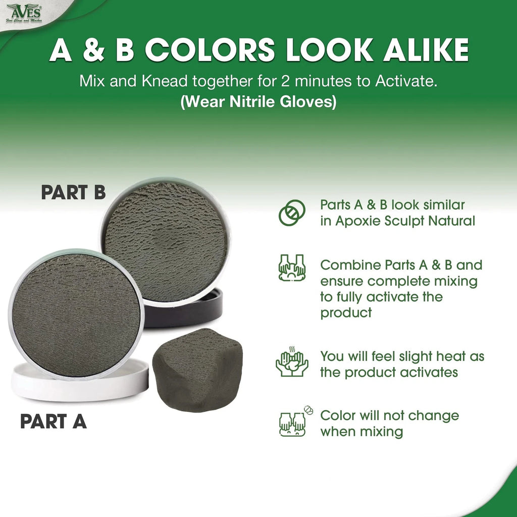 Aves Studio Apoxie Sculpt Natural showing Part A and Part B with guidance that both parts look similar before mixing