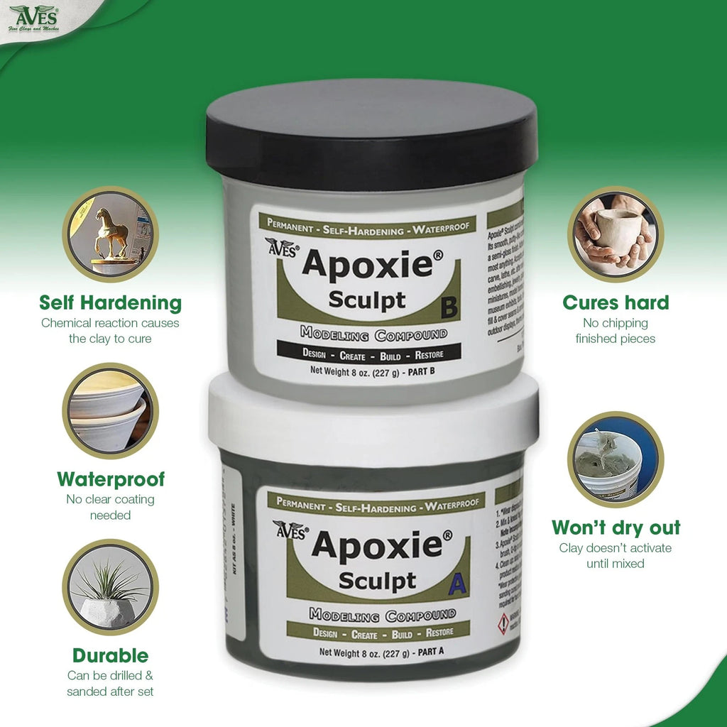 Aves Studio Apoxie Sculpt key features including self hardening waterproof durable finish and no drying out before mixing