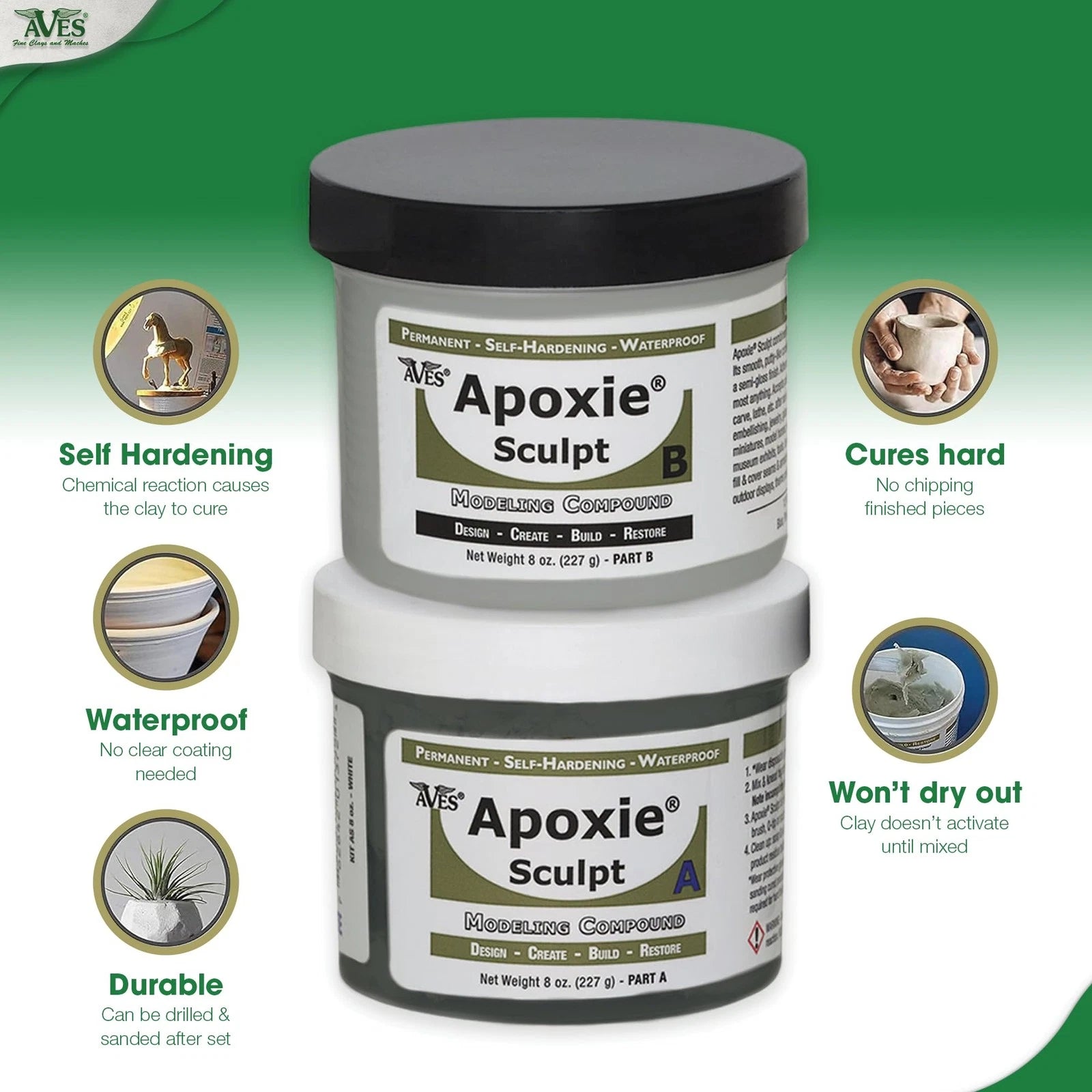 Aves Studio Apoxie Sculpt key features including self hardening waterproof durable finish and no drying out before mixing
