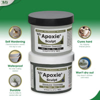 Aves Studio Apoxie Sculpt key features including self hardening waterproof durable finish and no drying out before mixing
