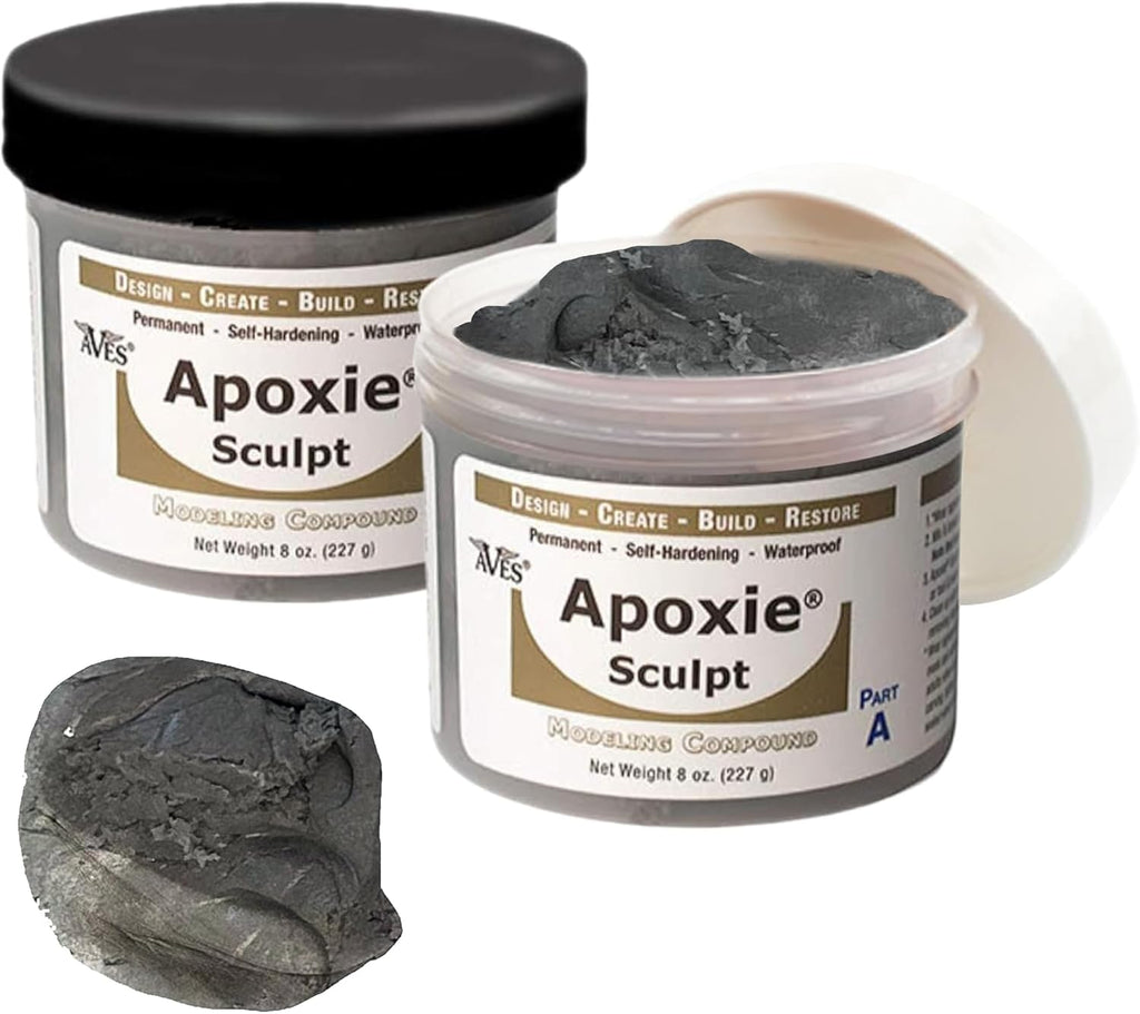 Aves Studio Apoxie Sculpt Silver Grey 1 lb with opened Part A and Part B jars and a silver grey sample piece