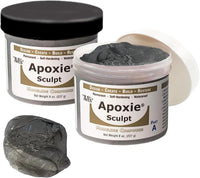 Aves Studio Apoxie Sculpt Silver Grey 1 lb with opened Part A and Part B jars and a silver grey sample piece
