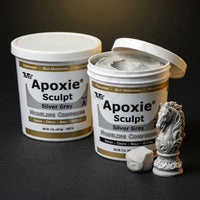 Aves Studio Apoxie Sculpt Silver Grey 4 lb with Part A and Part B tubs beside a silver grey horse sculpture
