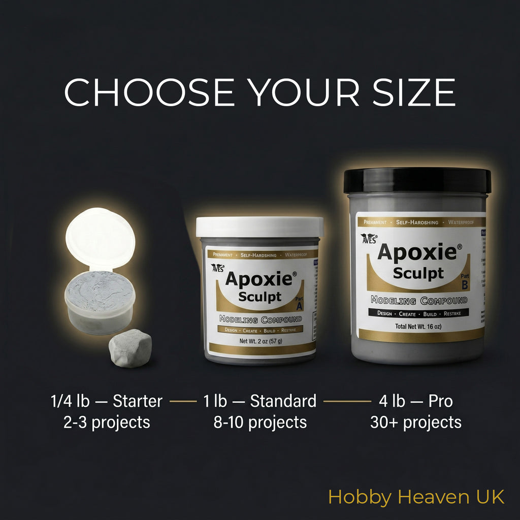 Aves Studio Apoxie Sculpt size guide comparing quarter pound one pound and four pound pack sizes