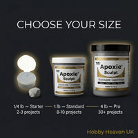 Aves Studio Apoxie Sculpt size guide comparing quarter pound one pound and four pound pack sizes
