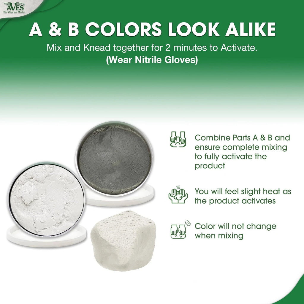 Aves Studio Apoxie Sculpt Stone White 4 lb showing Part A and Part B before mixing with guidance that both colours look alike