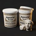 Aves Studio Apoxie Sculpt Stone White 4 lb with Part A and Part B tubs beside a stone white classical bust sculpture