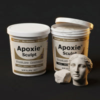 Aves Studio Apoxie Sculpt Stone White 4 lb with Part A and Part B tubs beside a stone white classical bust sculpture
