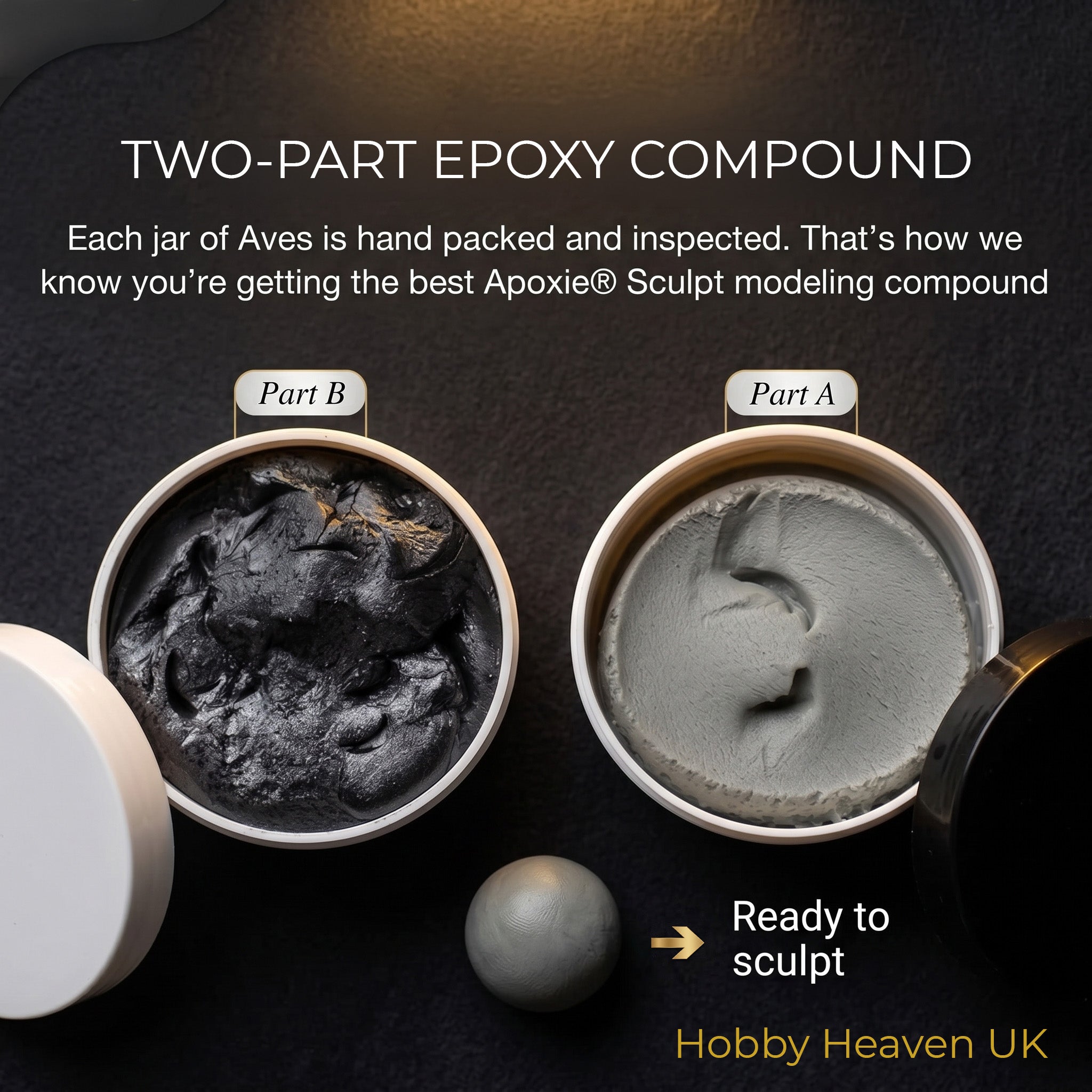 Aves Studio Apoxie Sculpt two part epoxy compound showing black Part B and grey Part A ready to sculpt