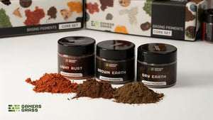  A selection of 3 different colored dry pigments for basing and weathering miniatures.