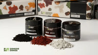 A selection of 3 different colored dry pigments for basing and weathering miniatures.
