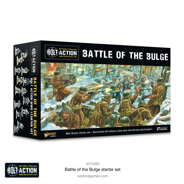 Product box artwork for the Battle of the Bulge Starter Set, featuring WWII-themed illustrations and details.