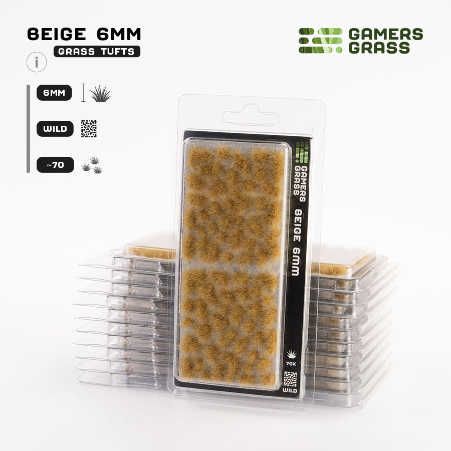 Gamers Grass Beige 6mm Wild Tufts packaging, displaying product details and arid landscape imagery