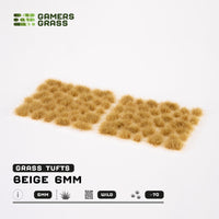 Sheet of 70 Beige 6mm Wild Tufts, showcasing various shapes and sizes of realistic dry grass tufts ready for application
