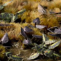 Dark, mysterious tropical diorama featuring Laser Plants Black Magic Taro, showcasing landscape with  enigmatic purple-black foliage
