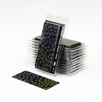 Set of 65 laser-cut Black Magic Taro leaves, showcasing various sizes and deep purple-black shades in protective packaging
