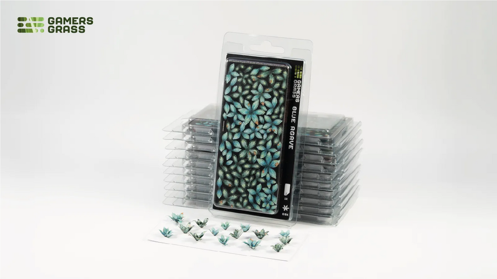 Gamers Grass Blue Agave GGLP-BA blister pack with assembled laser-cut agave rosettes displayed in front