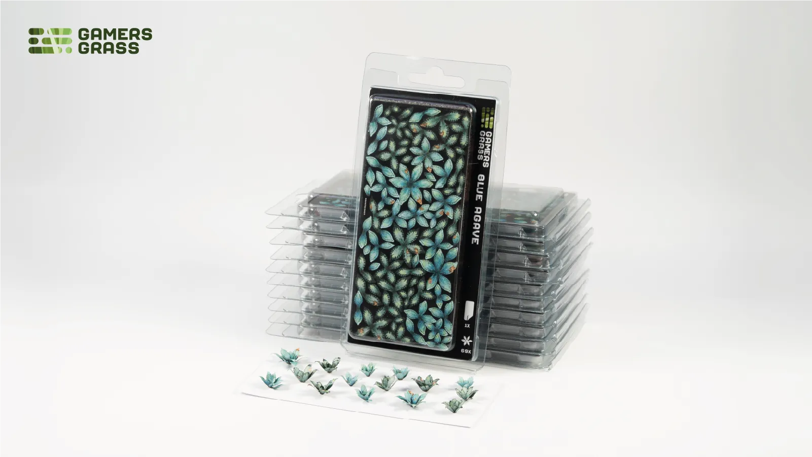 Gamers Grass Blue Agave GGLP-BA blister pack with assembled laser-cut agave rosettes displayed in front