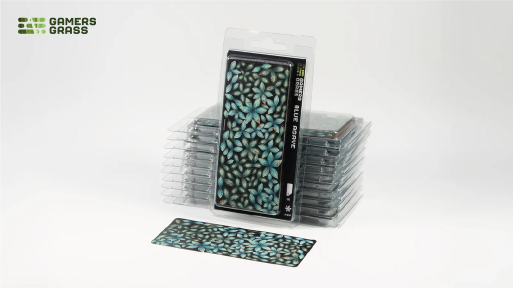 Gamers Grass Blue Agave blister pack with uncut carrier sheet showing all 69 leaf groups