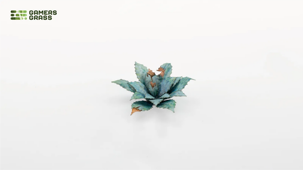 Close-up of assembled Gamers Grass Blue Agave rosette showing blue-green leaf detail with brown tipped centres