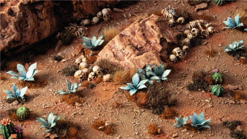 Gamers Grass Blue Agave plants placed on arid desert diorama terrain with dry tufts rocks and scattered scenery