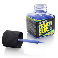 Blue fast-dry plastic cement 40ml by Green Stuff World displayed at an angle with applicator.
