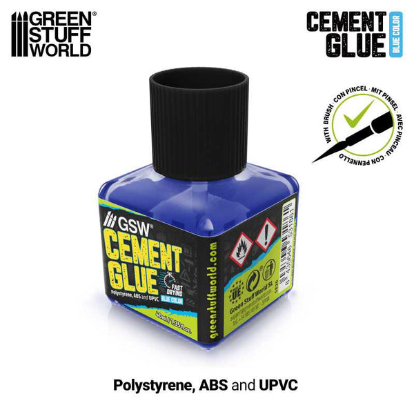 Green Stuff World Blue Cement Glue 40ml bottle with blue adhesive and brush applicator – front view.