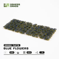 Sheet of 70 Blue Flowers - Wild tufts, displaying variety of shapes and sizes of realistic, blue petal-covered flower clusters with green leaves
