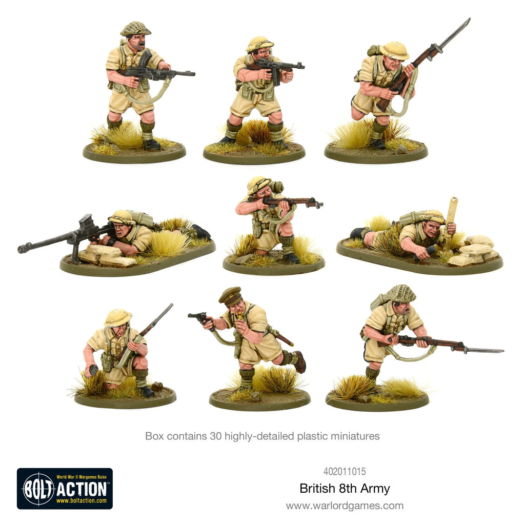 British 8th Army soldiers with Lee Enfield, Bren Gun, and Boys Anti-Tank Rifle for Bolt Action