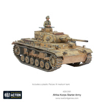 Miniatures of WWII German Panzer III tank from the Bolt Action German Afrika Korps Starter Army, equipped for desert combat.
