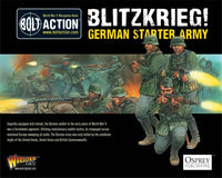 Product box artwork for the Bolt Action Blitzkrieg! German Starter Army by Warlord Games, featuring WWII German forces.
