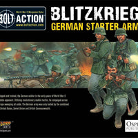 Product box artwork for the Bolt Action Blitzkrieg! German Starter Army by Warlord Games, featuring WWII German forces.