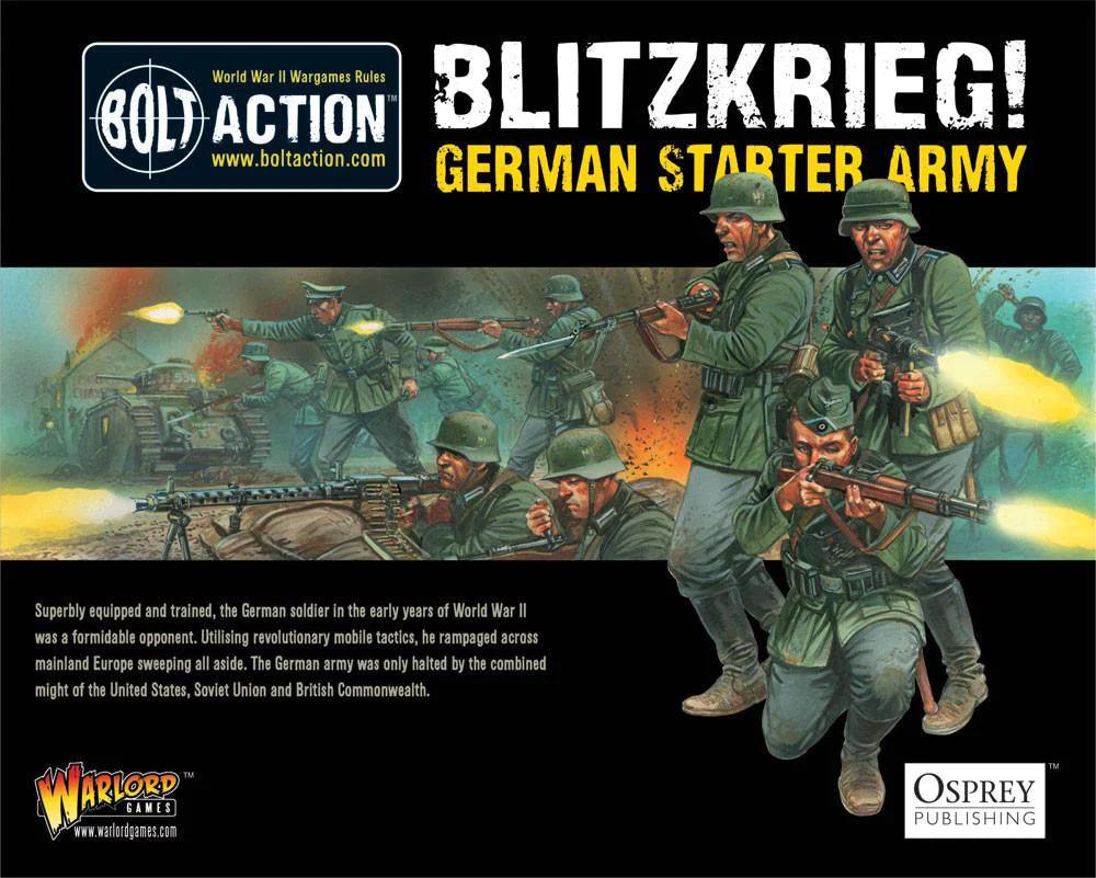 Product box artwork for the Bolt Action Blitzkrieg! German Starter Army by Warlord Games, featuring WWII German forces.