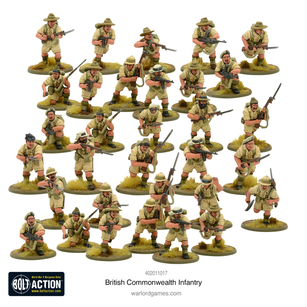 Painted British Commonwealth Infantry soldiers in Bolt Action WWII game, featuring different nationalities