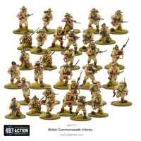 Painted British Commonwealth Infantry soldiers in Bolt Action WWII game, featuring different nationalities
