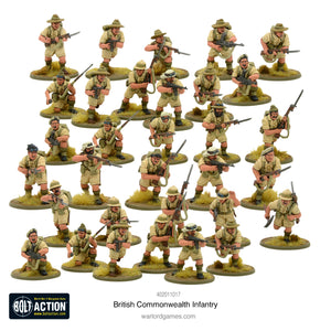 Painted British Commonwealth Infantry soldiers in Bolt Action WWII game, featuring different nationalities