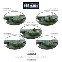 Different turret variants of the Churchill Tank, including MkIII, MkIV, and AVRE, for Bolt Action
