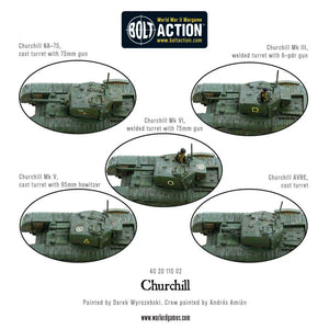 Different turret variants of the Churchill Tank, including MkIII, MkIV, and AVRE, for Bolt Action