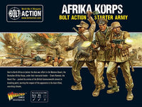 Box artwork for the Bolt Action German Afrika Korps Starter Army by Warlord Games, showcasing WWII German soldiers in desert camouflage.
