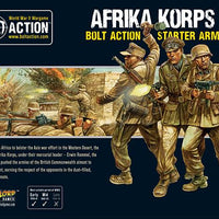 Box artwork for the Bolt Action German Afrika Korps Starter Army by Warlord Games, showcasing WWII German soldiers in desert camouflage.