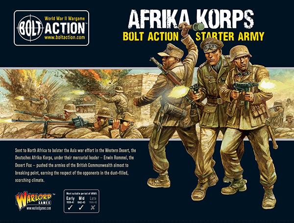 Box artwork for the Bolt Action German Afrika Korps Starter Army by Warlord Games, showcasing WWII German soldiers in desert camouflage.