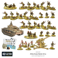 Overview of miniatures from the Bolt Action German Afrika Korps Starter Army, including infantry, tanks, and vehicles designed for desert warfare.
