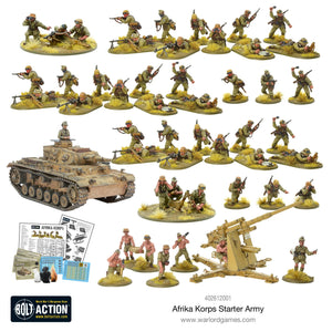 Overview of miniatures from the Bolt Action German Afrika Korps Starter Army, including infantry, tanks, and vehicles designed for desert warfare.