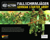 Box artwork for the Bolt Action German Fallschirmjäger Starter Army by Warlord Games, featuring WWII paratroopers.
