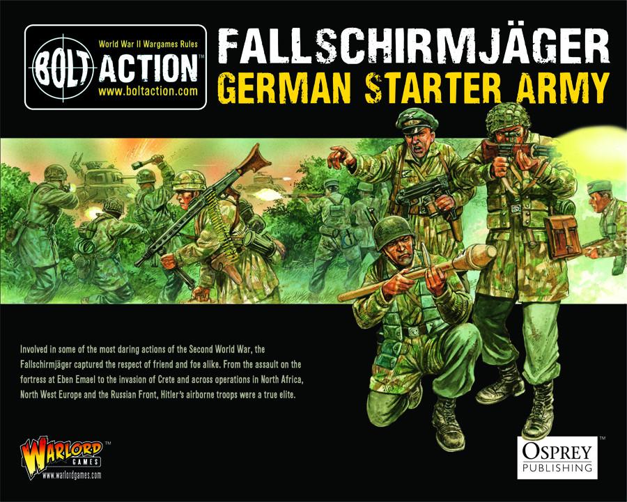 Box artwork for the Bolt Action German Fallschirmjäger Starter Army by Warlord Games, featuring WWII paratroopers.