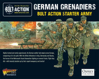 Box artwork for the Bolt Action German Grenadiers Starter Army by Warlord Games, featuring WWII German soldiers.
