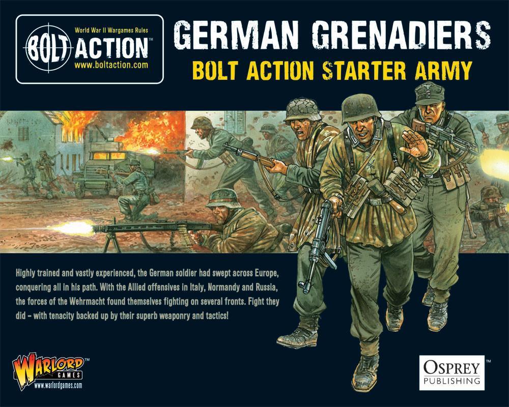 Box artwork for the Bolt Action German Grenadiers Starter Army by Warlord Games, featuring WWII German soldiers.