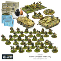 Overview of miniatures from the Bolt Action German Grenadiers Starter Army, including infantry, tanks, and artillery pieces.
