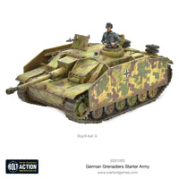 Detailed view of a WWII German tank miniature included in the Bolt Action German Grenadiers Starter Army.
